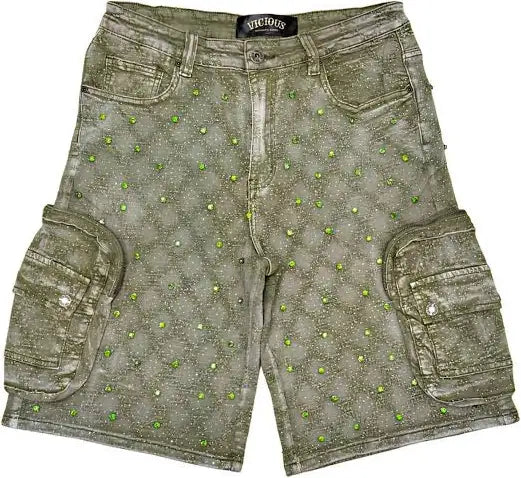 VICIOUS OLIVE RHINESTONE SHORTS