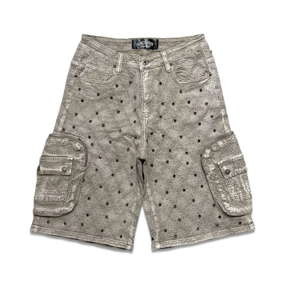 VICIOUS TAUPE RHINESTONE SHORTS