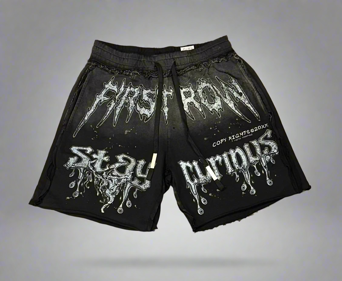 FR BLACK HEAVY WASHED W/WORDS GRAPHIC SHORTS