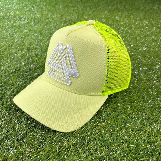 Men, Boys, Teens, Gifts, Wmns, Girls, Urban, Style, Fashion, Mens Tees, Womens Tees, Teen Tees, Boys Tees, Urban Apparel, HVMAN, Mesh Logo Trucker Cap, Luminary Green, Neon Green, Hat, Triangle,