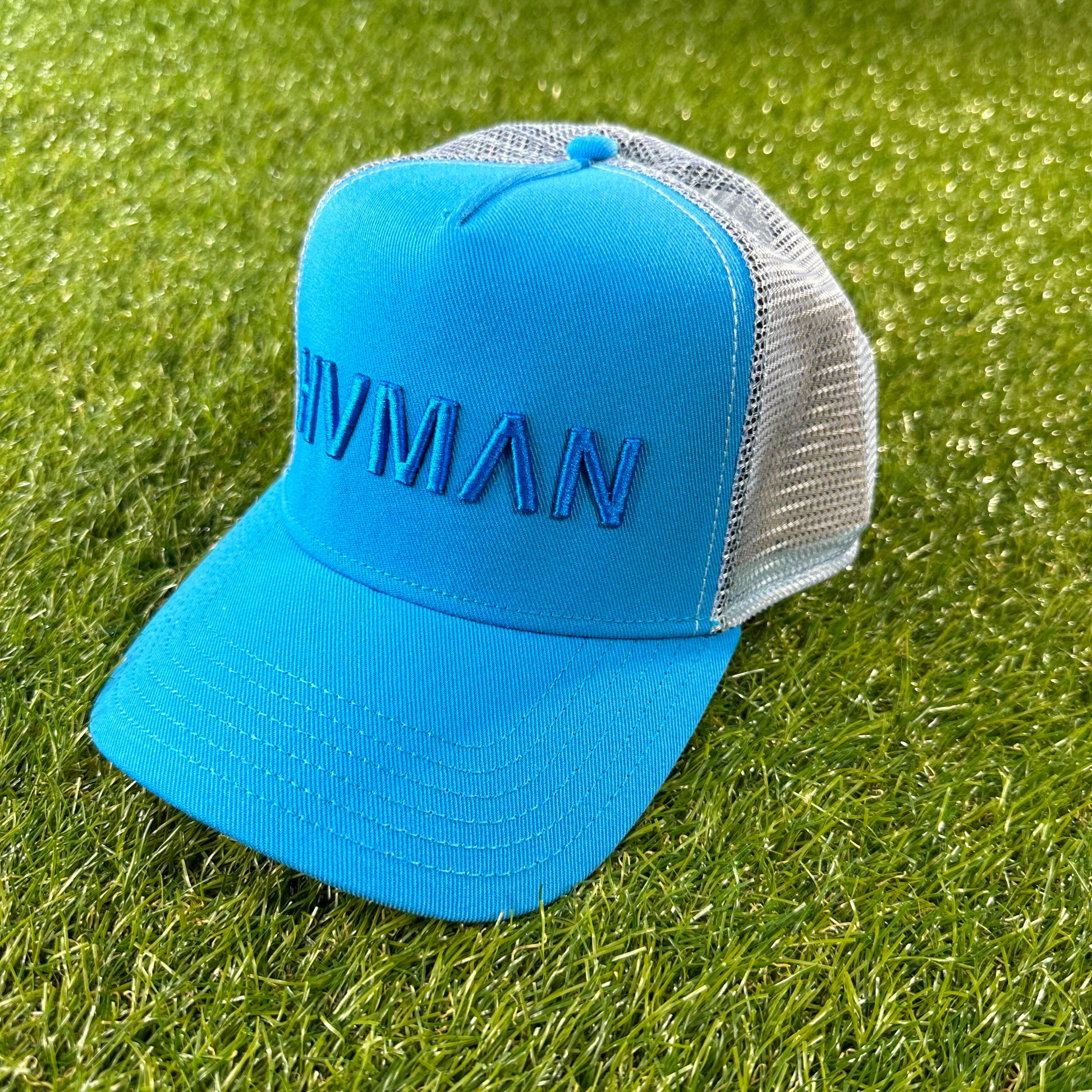 Men, Boys, Teens, Gifts, Wmns, Girls, Urban, Style, Fashion, Mens Tees, Womens Tees, Teen Tees, Boys Tees, Urban Apparel, HVMAN, Mesh Logo Trucker Cap, Light Blue, Icy, Hat,  