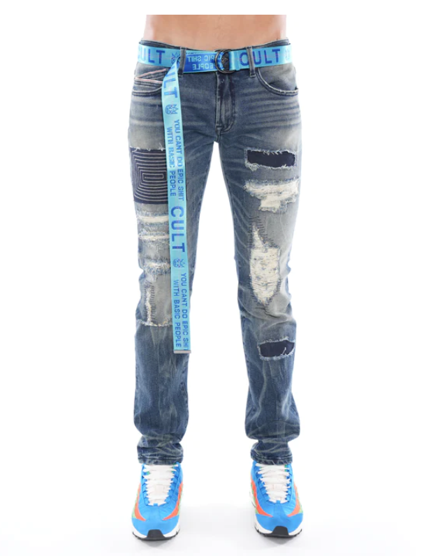 Patched Slim Belted Denim (Delft) /C1