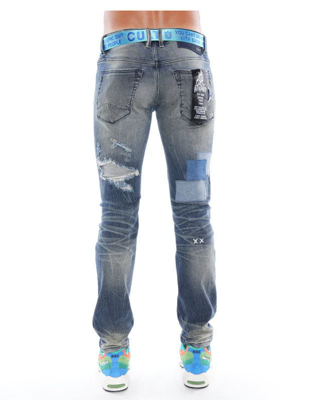 Patched Slim Belted Denim (Delft) /C1