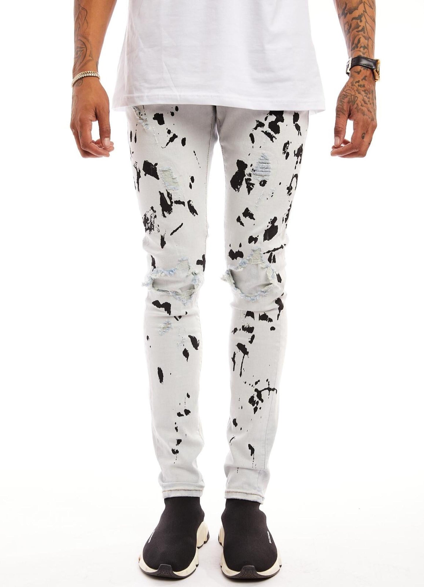 Salas Prem Distressed Stretch Splatter Denim (White) /C2