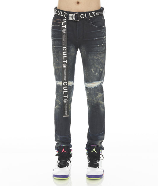 Belted Knee Ripped Denim (Dark Blue) C2