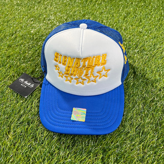 SignatureShot Trucker Hat (Blu/Wte/Gold)